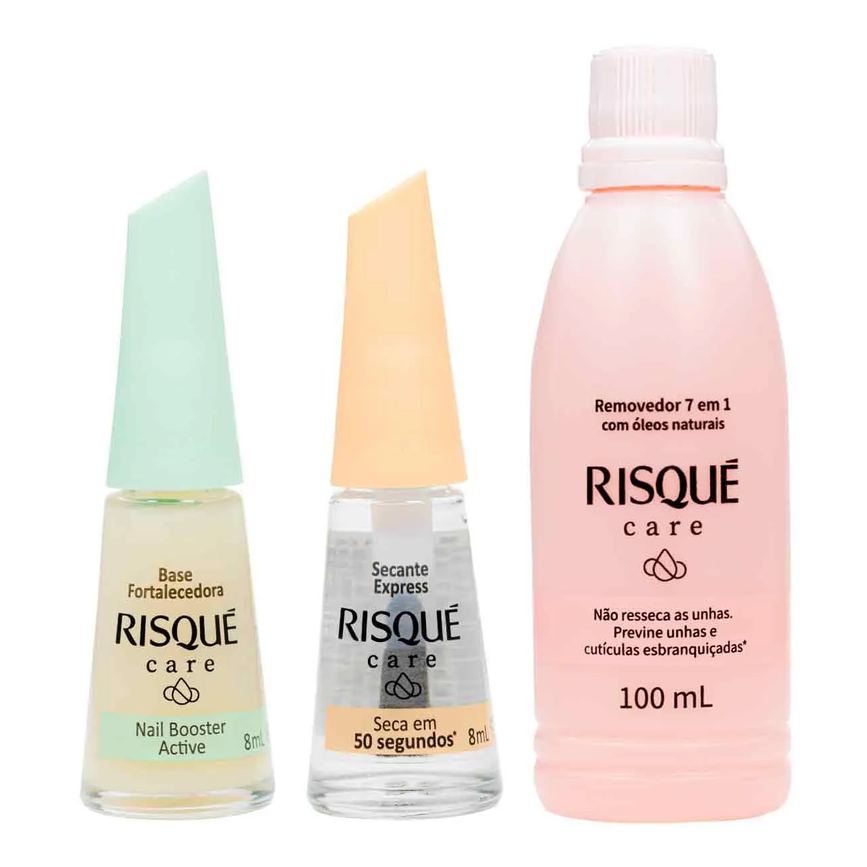 Kit Risqué Care Secante Express + Removedor de Esmalte 7 em 1 + Base Fortalecedora para Unhas