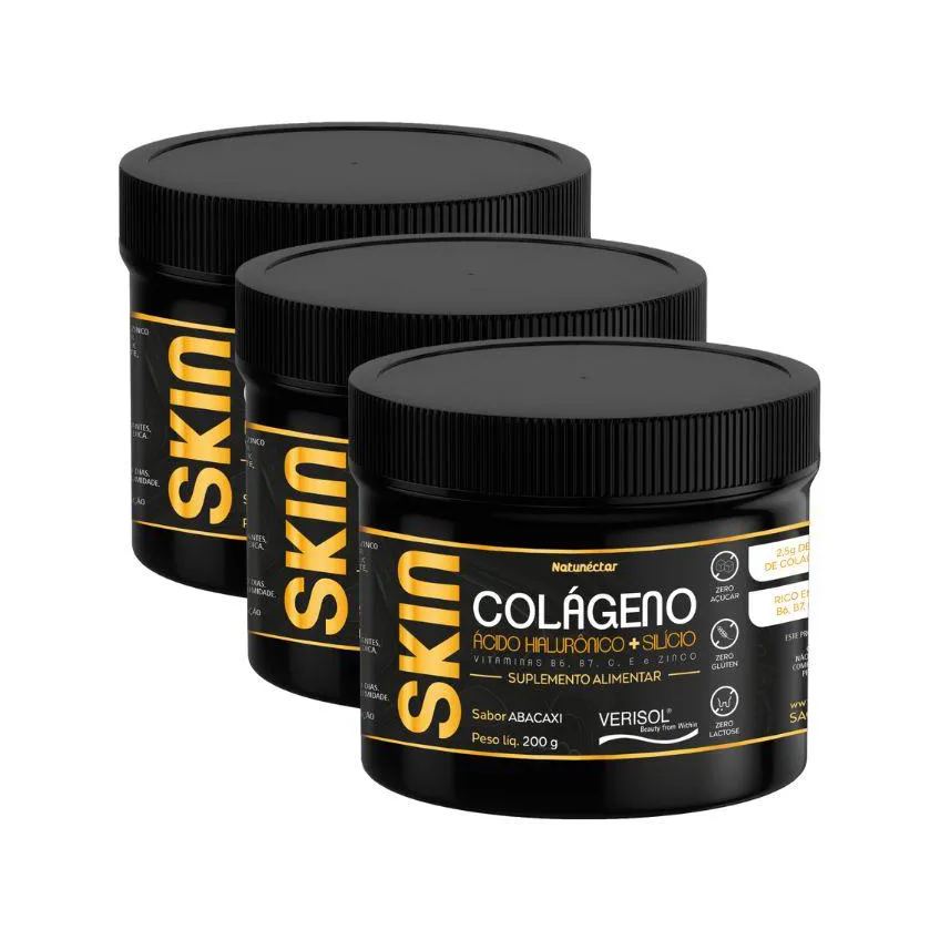 KIT SKIN COLáGENO VERISOL EM Pó PREVENçãO RUGAS NATUNECTAR SABOR ABACAXI 200G - 3 UNIDADES