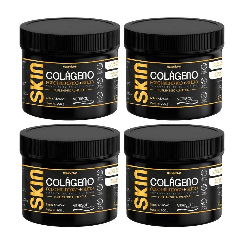 Kit Skin Colágeno Verisol em Pó Prevenção Rugas Natunectar Sabor Abacaxi 200g - 4 Unidades