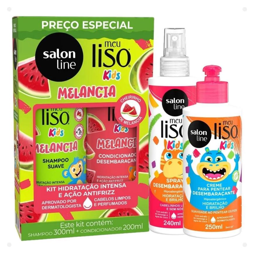 Kit Salon Line Meu Liso Kids: Shampoo 300ml e Condicionador 200ml Melancia + Creme para Pentear 250ml e Spray Desembaraçante 240ml
