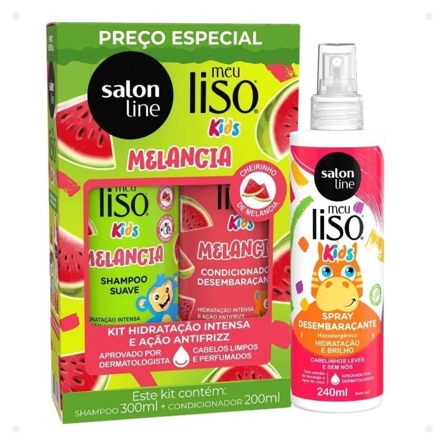 Kit Salon Line Meu Liso Kids: Shampoo 300ml e Condicionador 200ml Melancia + Spray Desembaraçante 250ml