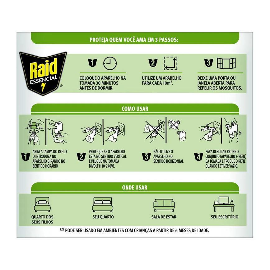 Repelente Elétrico Líquido Raid 45 Noites À Base de Plantas Essencial Caixa 2 unidades 25,2ml Cada Refil Embalagem Econômica