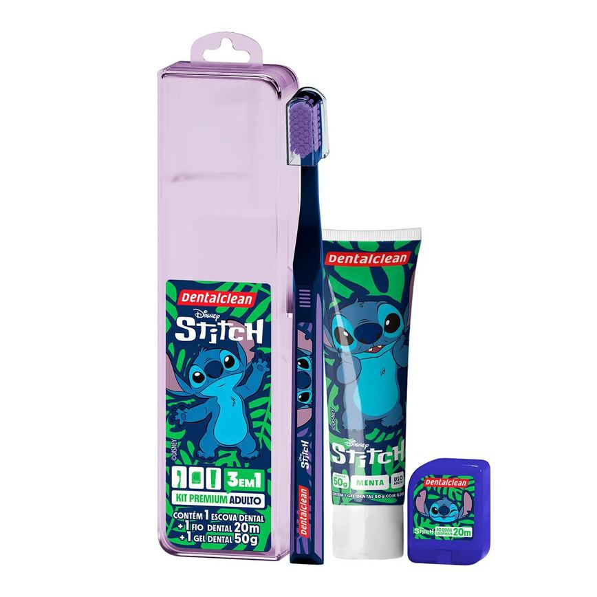 Kit Dentalclean Premium Adulto Disney Stitch 1 Escova de Dente + 1 Fio Dental 20m + 1 Gel Dental 50g