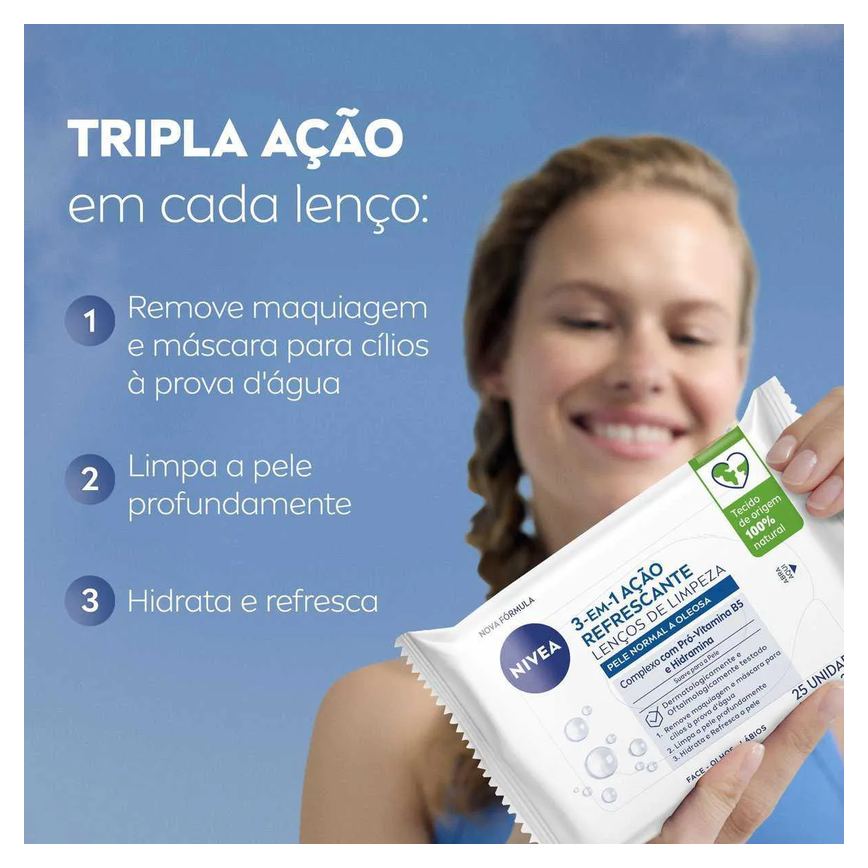 Lenço Demaquilante Nivea 3 em 1 Ação Refrescante 25 unidades
