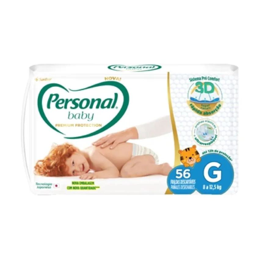 Fralda Descartável Personal Premium Tamanho G - 4 Pacotes com 56 Fraldas - Total de 224 Tiras