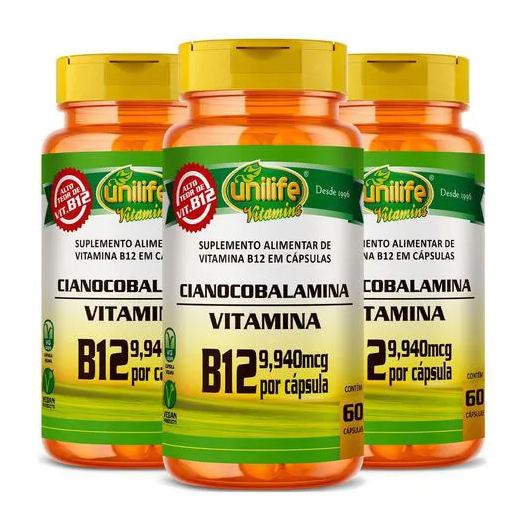 Vitamina B12 Cianocobalamina 3 X 60 cápsulas Unilife