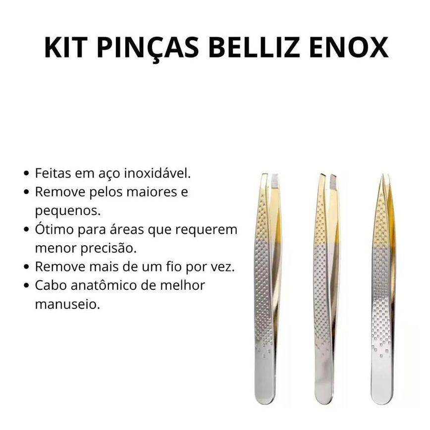 Kit Pinças Belliz Enox Ponta Reta + Ponta Diagonal + Ponta Fina C/3