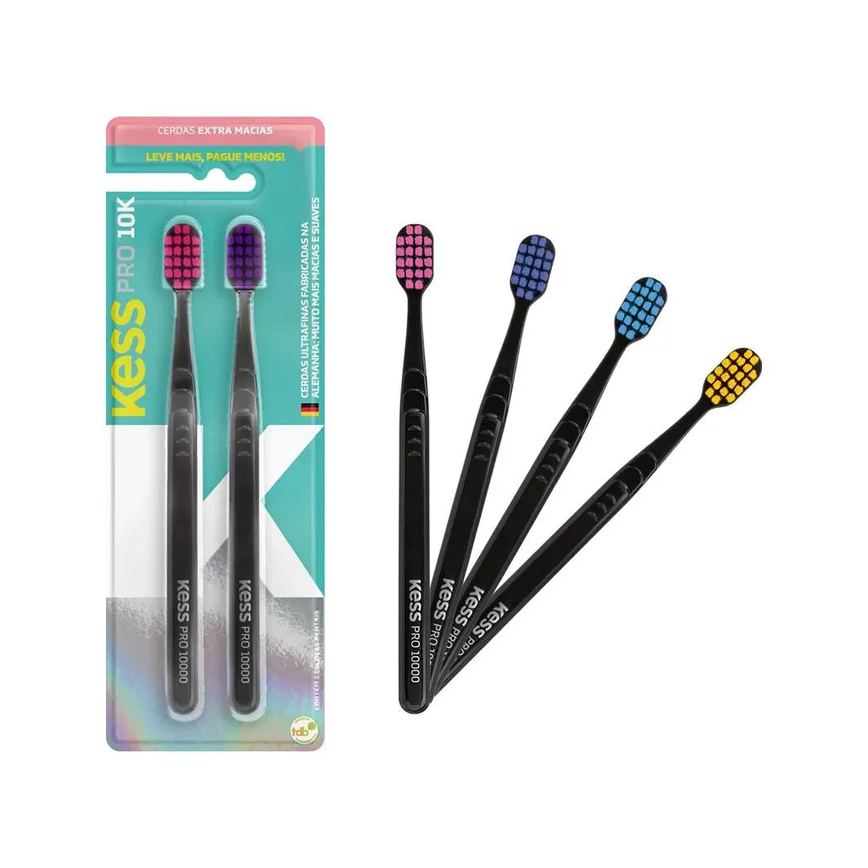 2 Escovas Dentais Pro 10k Cerdas Extra Macias Preta Kess