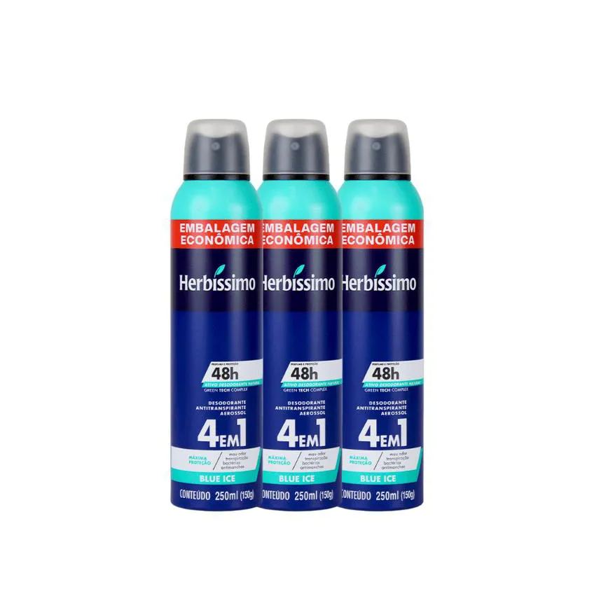 KIT DESODORANTE AEROSOL ANTITRANSPIRANTE HERBíSSIMO BLUE ICE 250ML - 3 UNIDADES