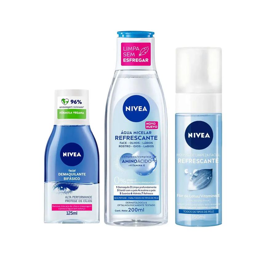 Kit Nivea Demaquilante Bifásico 125ml + Água Micelar 7 em 1 Refrescante 200ml + Mousse de Limpeza Facial 150ml