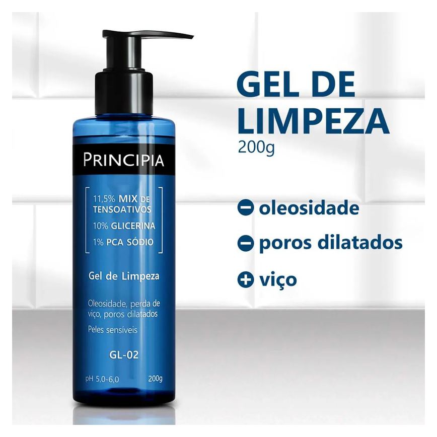 Kit Facial Principia Skincare Gel de Limpeza Suave GL-02 200ml + Sérum Anti-Idade Mix-02 30ml + Creme Hidratante CH-01 50g + Protetor Solar PS-01 FPS 60 40ml