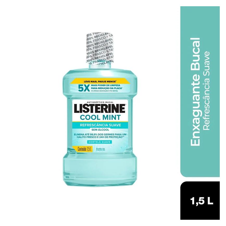 Enxaguante Antisséptico Bucal Listerine Cool Mint Zero Álcool Hortelã Suave 1,5L