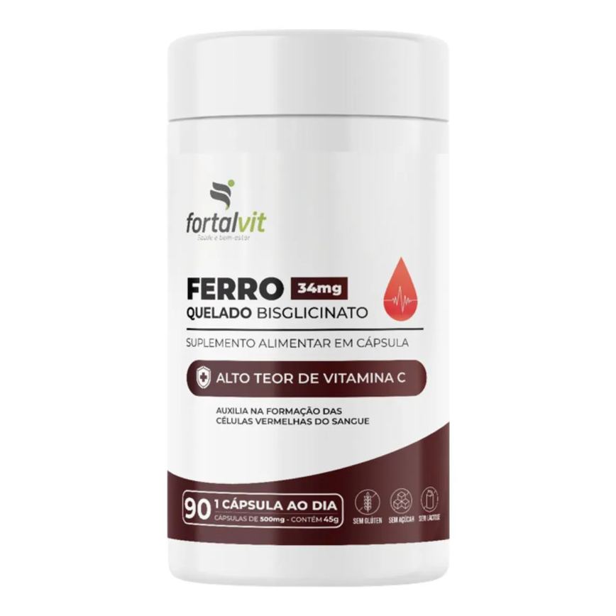 Ferro Quelado Bisglicinato 34Mg, 90 Cápsulas, Alto Teor De Vitamina C, Fortalvit