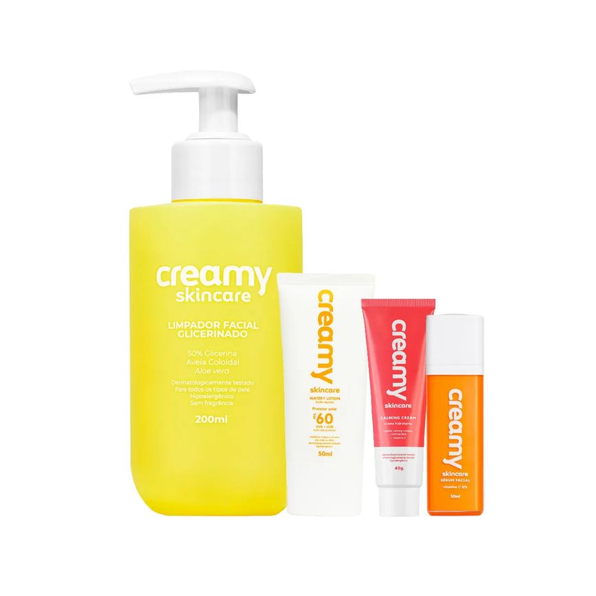Kit Facial Creamy Skincare Protetor Solar FPS 60 50ml + Creme Hidratante Calming 40g + Sérum Vitamina C 30g + Limpador Glicerinado 200ml