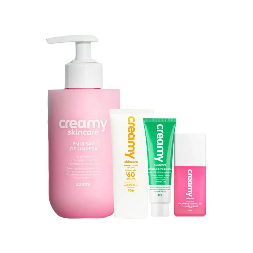 Kit Facial Creamy Skincare Protetor Solar FPS 60 50ml + Creme Hidratante 40g + Emulsão de Limpeza 200ml + Sérum 30ml
