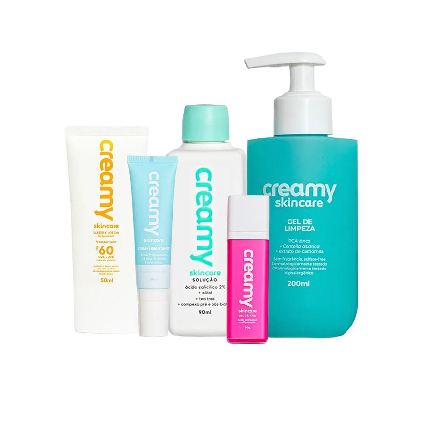 Kit Creamy Facial Gel de Limpeza 200ml + Tônico Antiacne 90ml + Sérum Hidratante 30ml + Protetor Solar FPS 60 + Gel Clareador Antiacne 30g