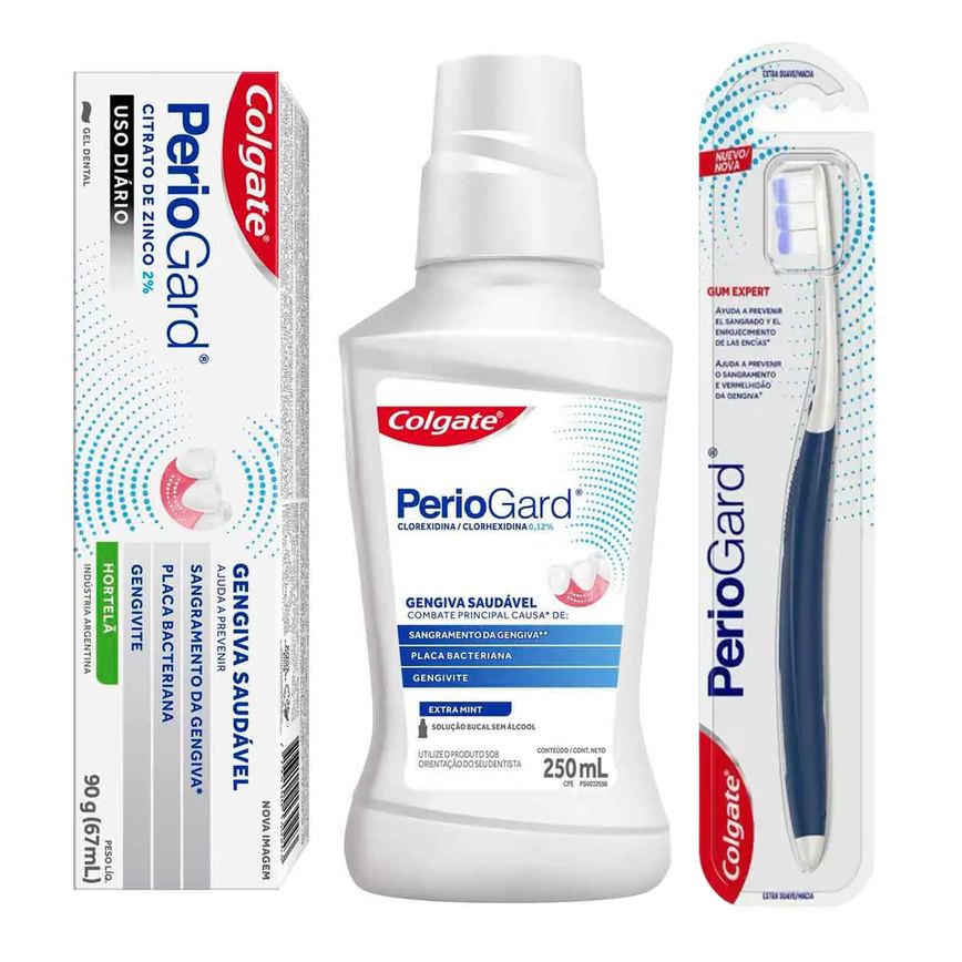 Kit Cuidado com a Gengiva Periogard Pasta de Dente em Gel Sabor Hortelã + Escova de Dente Extra Macia + Enxaguante Bucal Sem Álcool Extra Mint