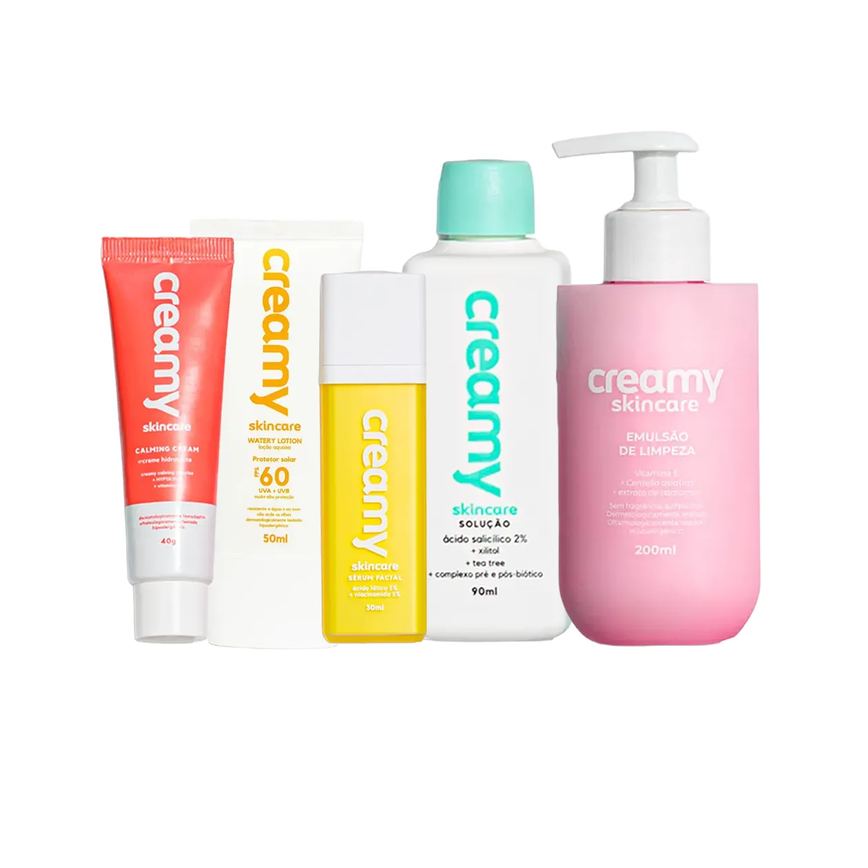 Kit Facial Creamy Emulsão de Limpeza 200ml + Tônico Antiacne 90ml + Creme Hidratante Calming 40g + Protetor Solar FPS 60 50ml + Sérum Ácido Lático 30g