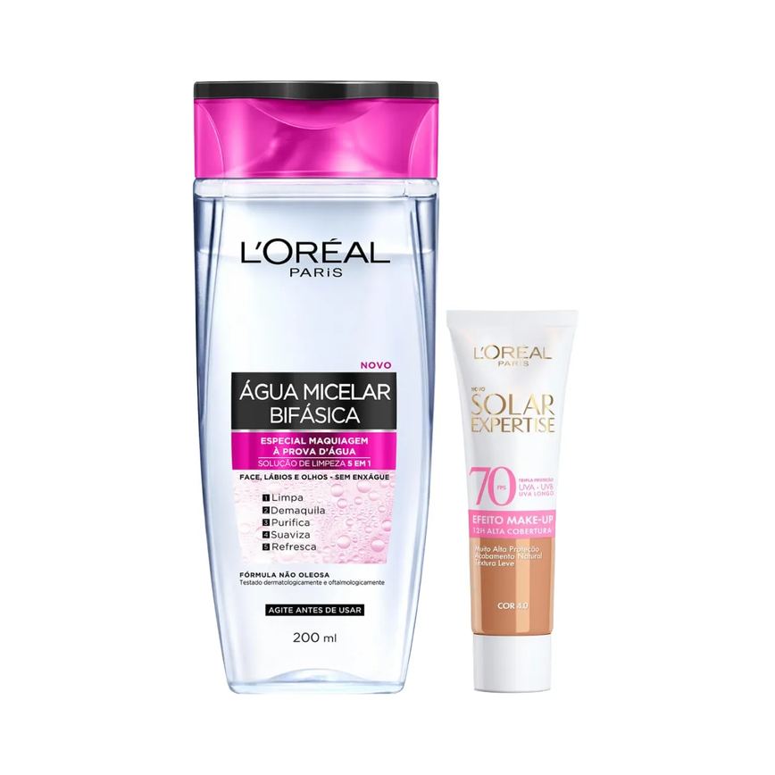 Kit Facial L'Oréal Paris Água Micelar Bifásica Solução de Limpeza 5 em 1 200ml + Protetor Solar Expertise Efeito Make Up FPS 70 Cor 4.0 30g