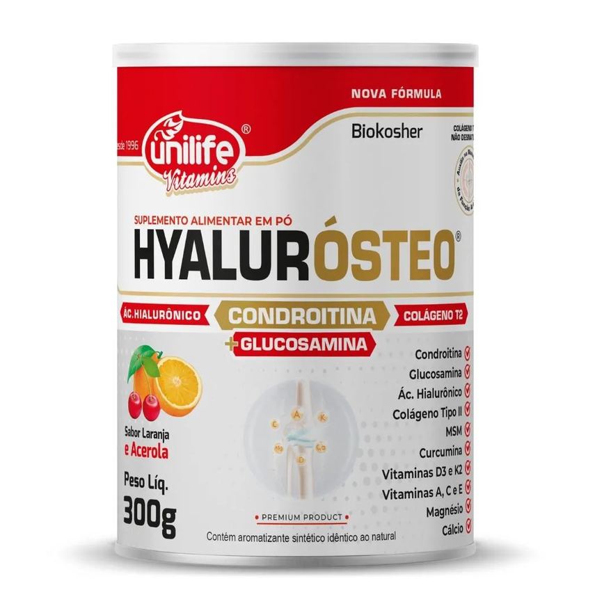 Glucosamina, Condroitina e Colágeno Tipo 2 Hyalurósteo 300G Unilife