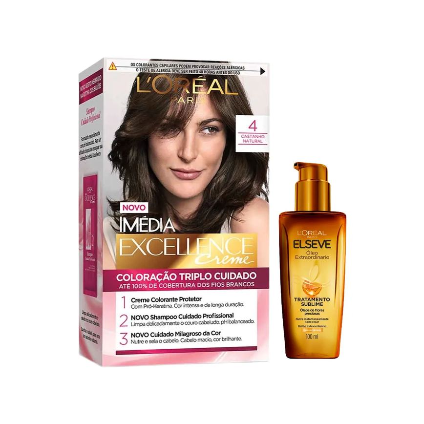Kit L'Oréal Paris Tinta de Cabelo Permanente Imédia Excellence Creme - 4 Castanho Natural + Óleo Extraordinário Elseve Tratamento Sublime 100ml