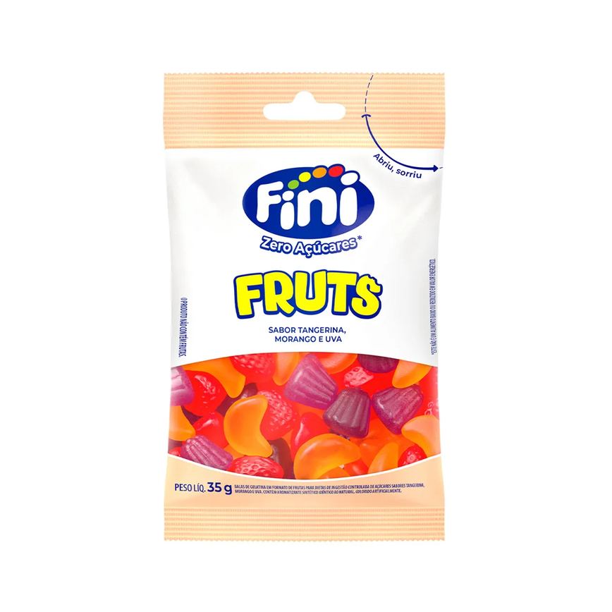 Balas de Gelatina Fini Zero Açúcares Fruts Morango Tangerina e Uva 35g
