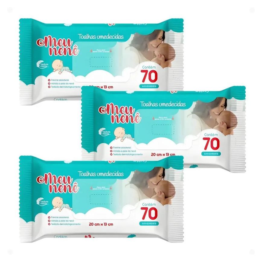 Kit Meu Nenê: 3 Pacotes Toalhas Umedecidas 20x13cm com 70un