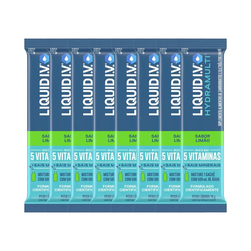 Kit Suplemento Alimentar Pó Liquid I.V. Hydramulti Limão Sachê 16g 8 Unidades