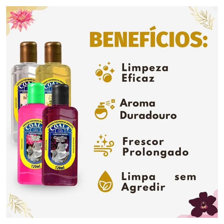 Kit Coala Limpadores Perfumados: Chá Branco, Ameixa Dourada, Flor de Cacto e Orquídea Negra 120ml