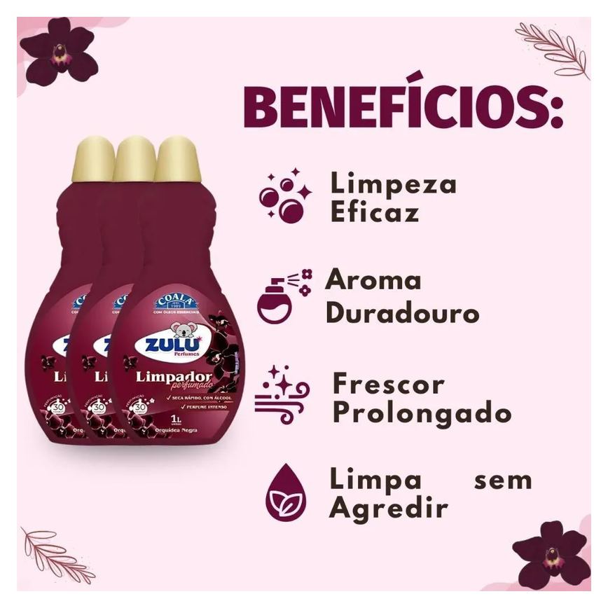 Kit Coala Zulu Perfumes: 3 Limpadores Perfumados Orquídea Negra 1l