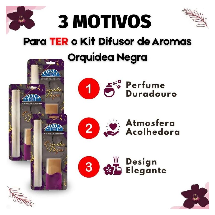 Kit Coala: 3 Difusores de Aroma Orquídea Negra 100ml