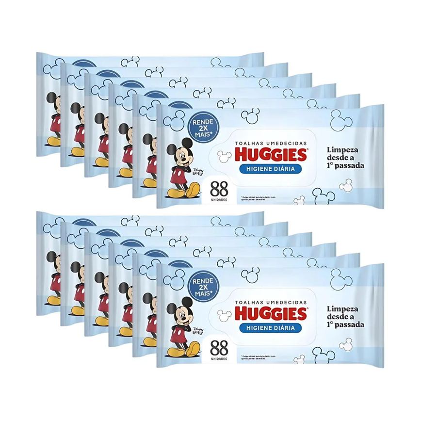 Kit com 12 Pacotes de Lenço Toalhinhas Umedecidas Higiene Diária Huggies 88 unidades