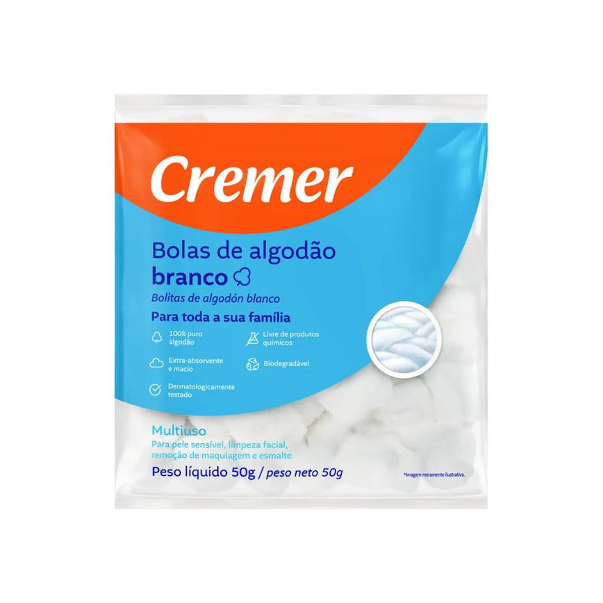 Algodão Bola Branco Cremer 50G Puro Pacote Unhas - Curativo