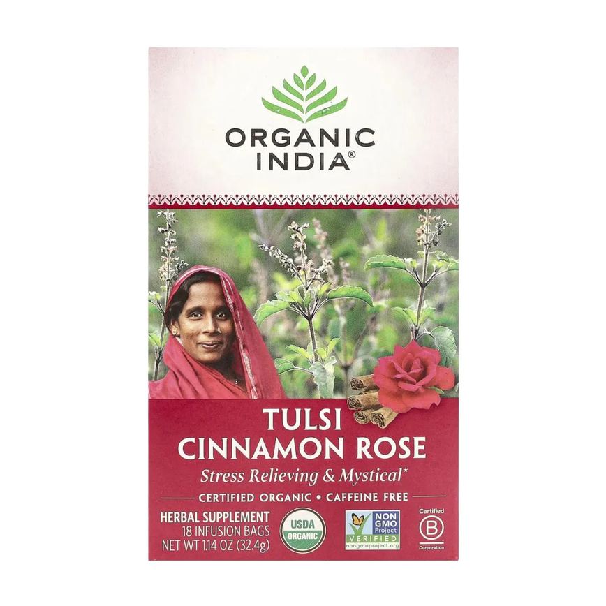 Chá Tulsi Canela e Rosa sem Cafeína 18 Sachês de Infusão 32,4G - Organic India