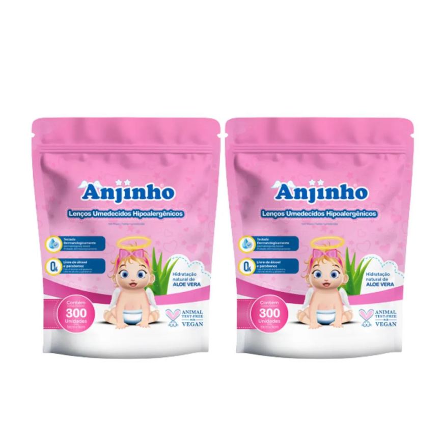 Kit C2 Lenço Umedecido com 300 Refil Rosa - Anjinho