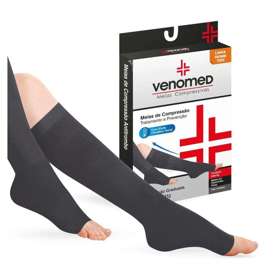 Meias Compressão 20 a 30Mmhg Fechada 3/4 Venomed Tromb1300 Cor Preto Tamanho M