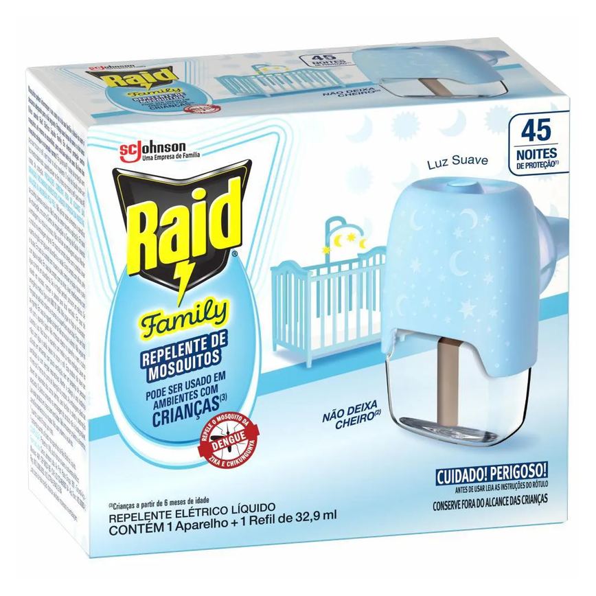 Pack Repelente Elétrico Líquido Raid 45 Noites Family + Refil 32,9Ml