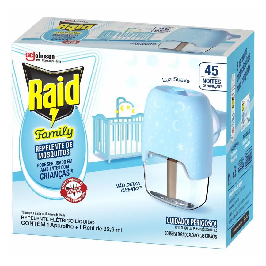 Pack Repelente Elétrico Líquido Raid 45 Noites Family + Refil 32,9Ml
