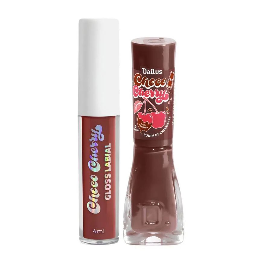 Kit Dailus Choco Cherry Pudim de Chocolate: Gloss Labial 4Ml e Esmalte Cremoso 8Ml