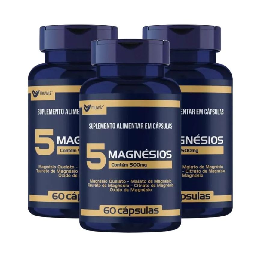 Kit 3x 5 Magnésios Muwiz 500mg - 60 cápsulas.