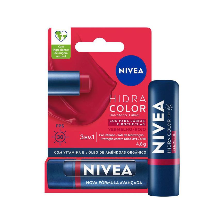 Hidratante Labial Nivea Hidra Color 3 em 1 Vermelho FPS 30 4,8g