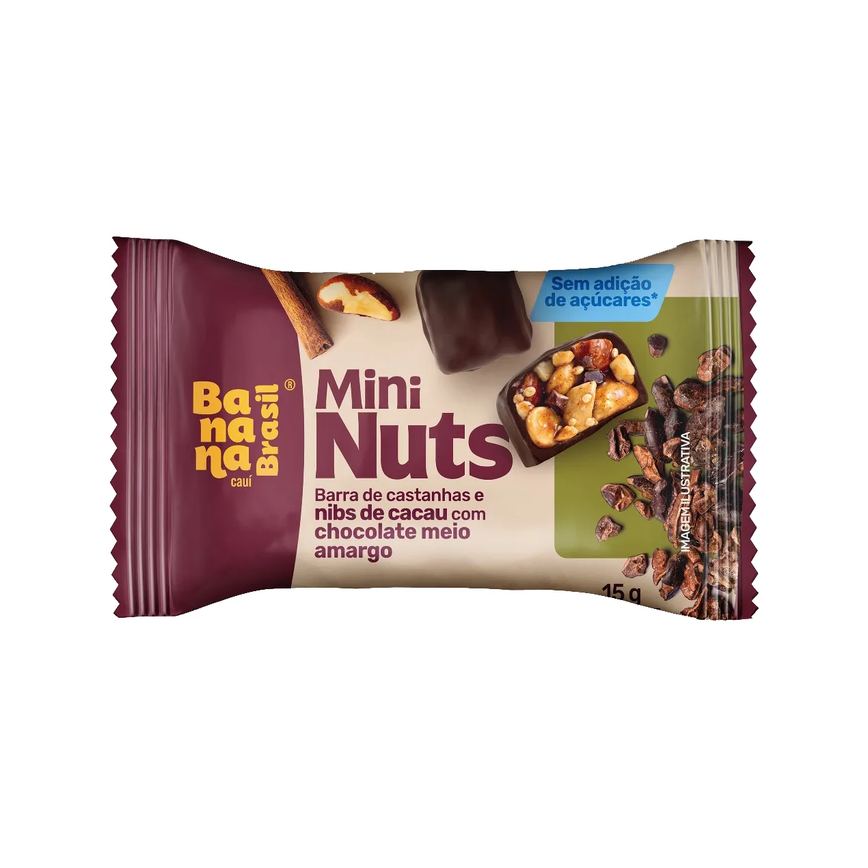 Barra de Castanha Banana Brasil Mini Nuts com Chocolate Meio Amargo 15g