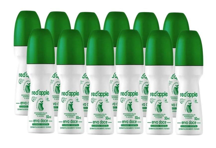 Kit 12 Desodorante Red Apple Roll On Erva Doce 50Ml