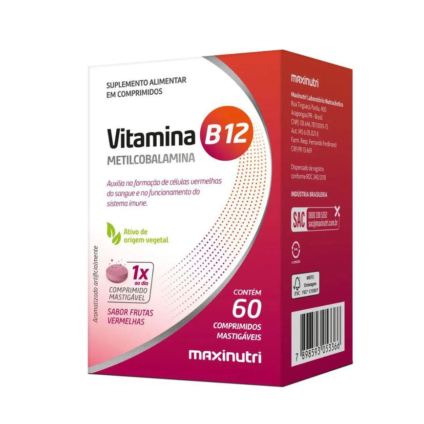 Vitamina B12 Metilcobalamina com 60 Comprimidos Mastigáveis - Maxinutri