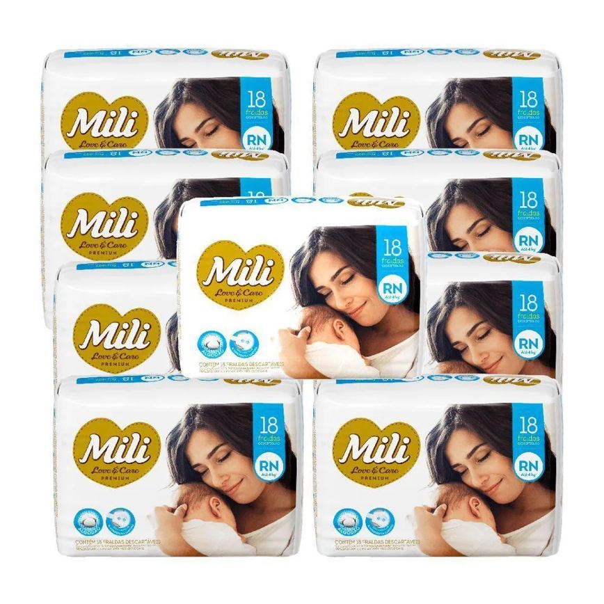 Fralda Descartável Mili Love & Care Rn 9 Pacotes C- 18 Fraldas (Total: 162 Fraldas) Premium