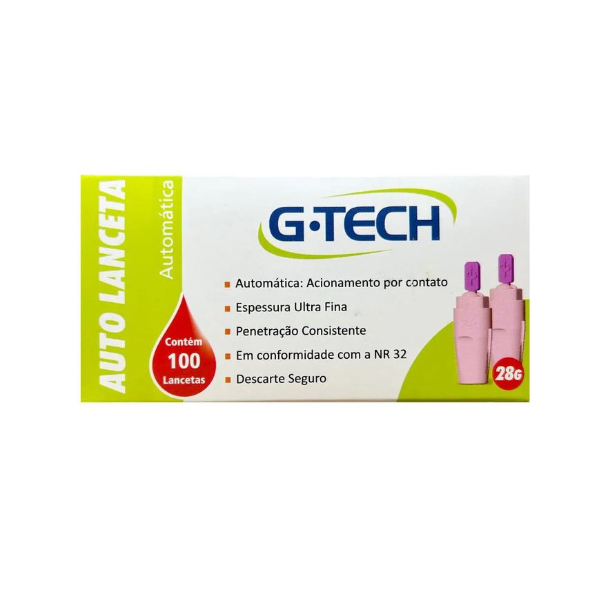 Auto Lanceta Automática G-Tech 28G Com100 Unidades Ultrafina Rosa