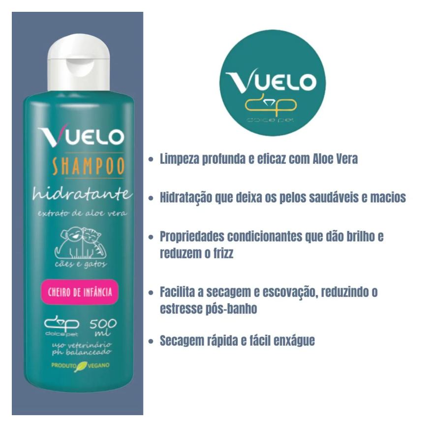 Kit Vuelo Shampoo Hidratante + Fluido Desembaraçador Cheiro de Infância Cães e Gatos