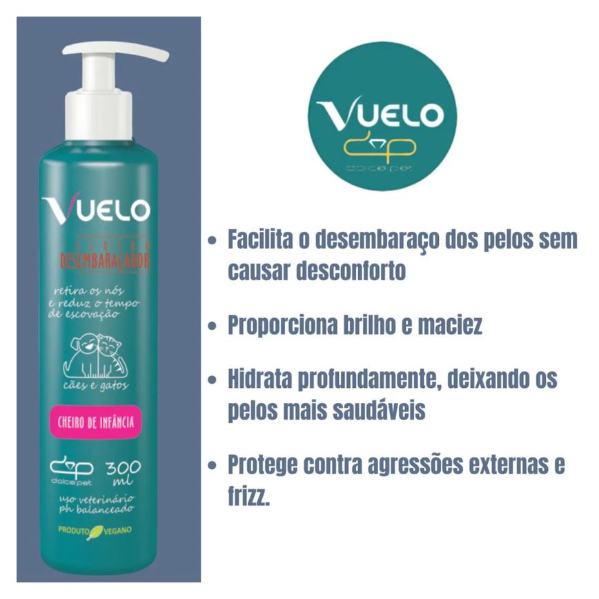 Kit Vuelo Shampoo Hidratante + Fluido Desembaraçador Cheiro de Infância Cães e Gatos