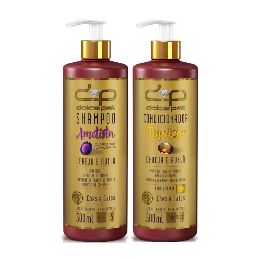 Kit Dolce Pet Shampoo Clareador Tonalizante + Condicionador Topázio Cereja e Avelã para Cães e Gatos 500Ml