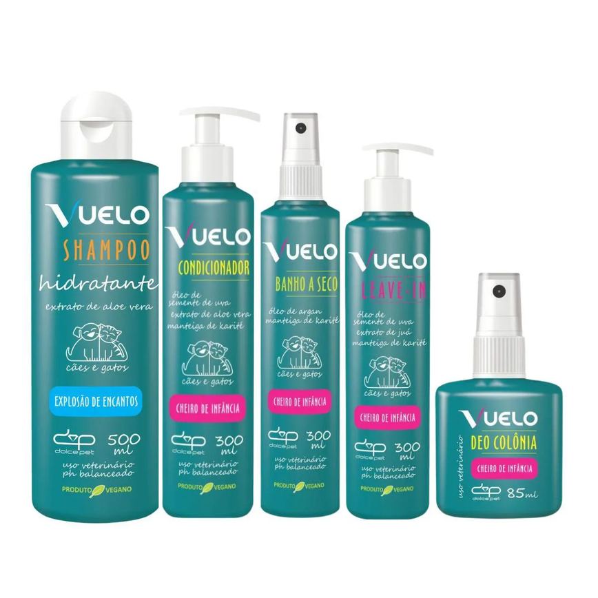 Kit Dolce Pet Shampoo Hidratante + Condicionador + Banho Á Seco +Leave-In+Deo Colônia Cheiro de Infância Cães e Gatos
